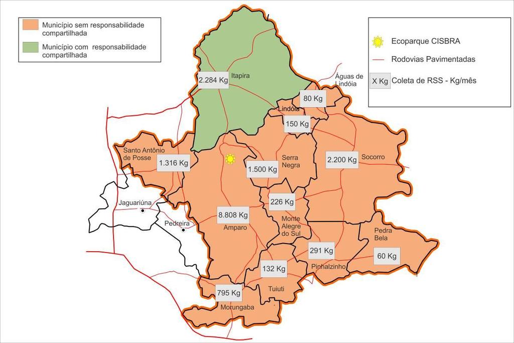 municípios associados ao CISBRA coletam os resíduos de geradores públicos e privados, estes indevidamente, conforme o mapa a seguir.