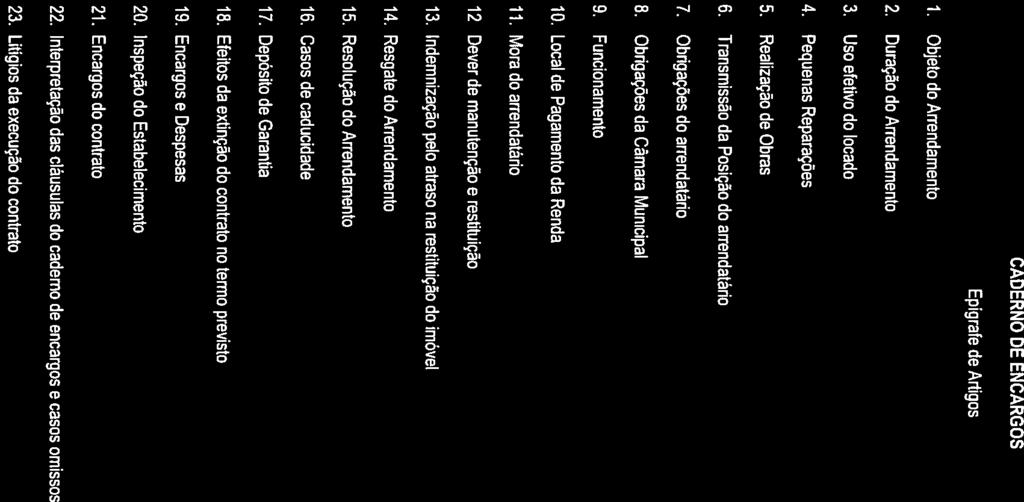 Á CADERNO DE ENCARGOS Epigrafe de Artigos 1. Objeta do Arrendamento 2. Duração do Arrendamento 3. Usa efetiva da lacado 4. Pequenas Reparações 5. Realização de Obras 6.