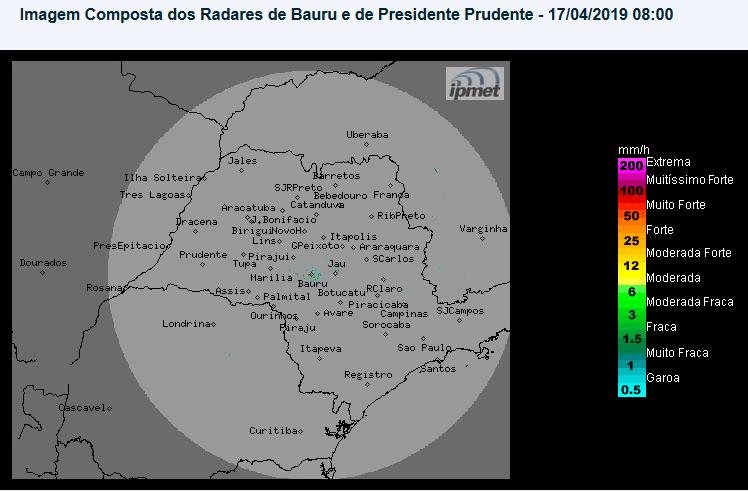 Situação das chuvas O radar meteorológico do IPMet/UNESP, instalado em Bauru, não está detectando chuva no estado de São Paulo.