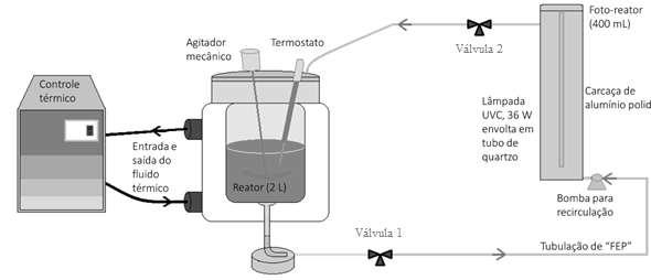 A reação foi efetuada em um reator de vidro encamisado (Figura 1), termostatizado e acoplado, por meio de recirculação, a um reator fotoquímico (carcaça de aço inox 304 e lâmpada UVC de 36 W alojada