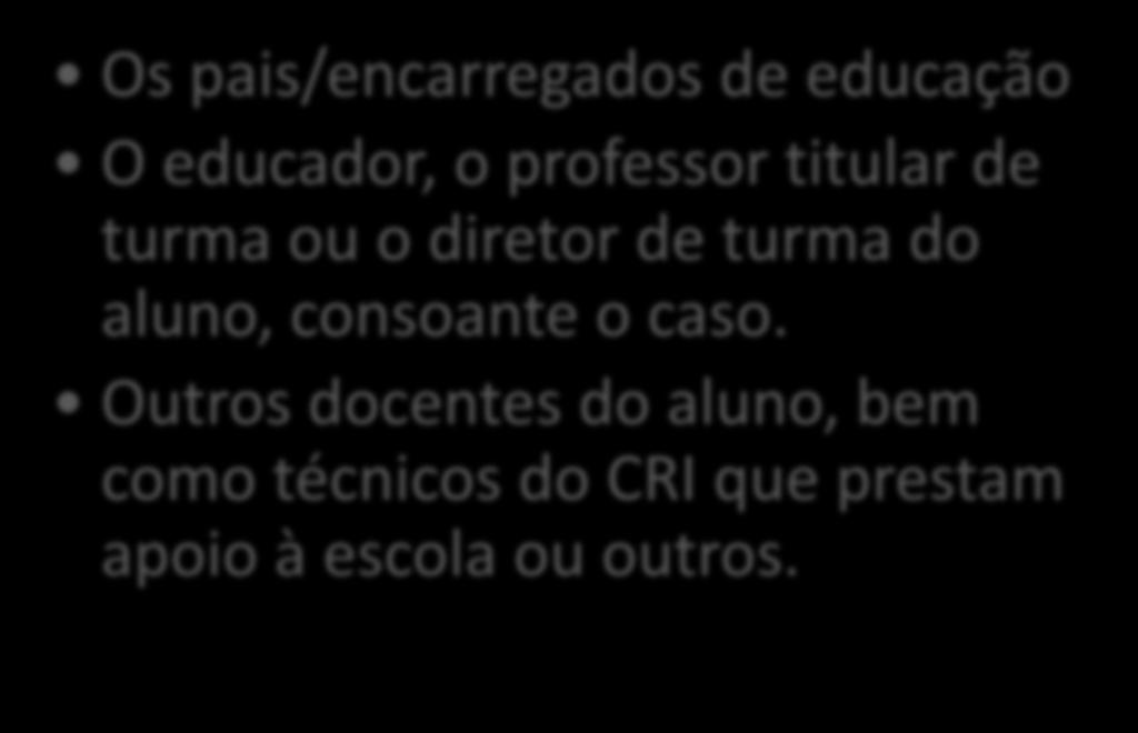 especial Um psicólogo Elementos variáveis Os pais/encarregados de educação O educador, o professor titular de turma ou o