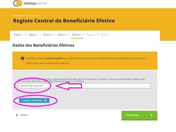 Passo 5: Dados dos Beneficiários Efetivos Finalmente, é chegado o momento de indicar quem são os Beneficiários Efetivos.