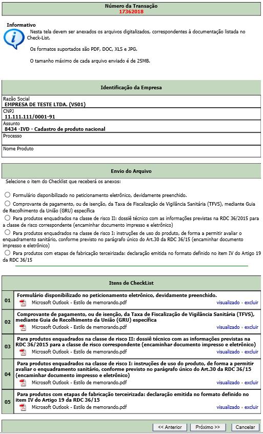 Após o preenchimento do formulário, anexar os documentos eletrônicos apontados no check list.