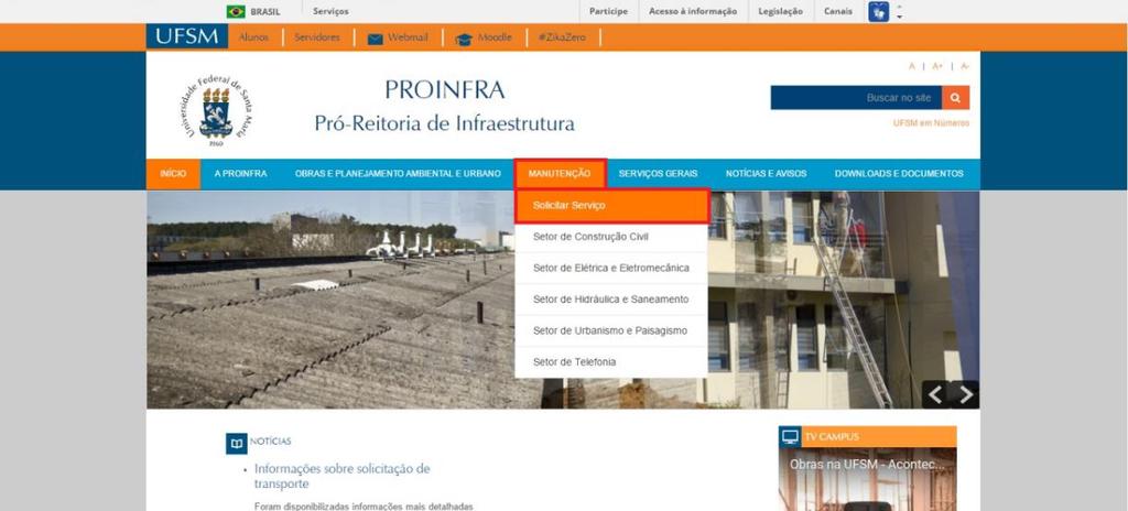 29 SISTEMA DE SOLICITAÇÃO DE SERVIÇOS O sistema de solicitação de serviços pode ser acessado através do site da PROINFRA, no endereço <http://coral.ufsm.br/proinfra/>.