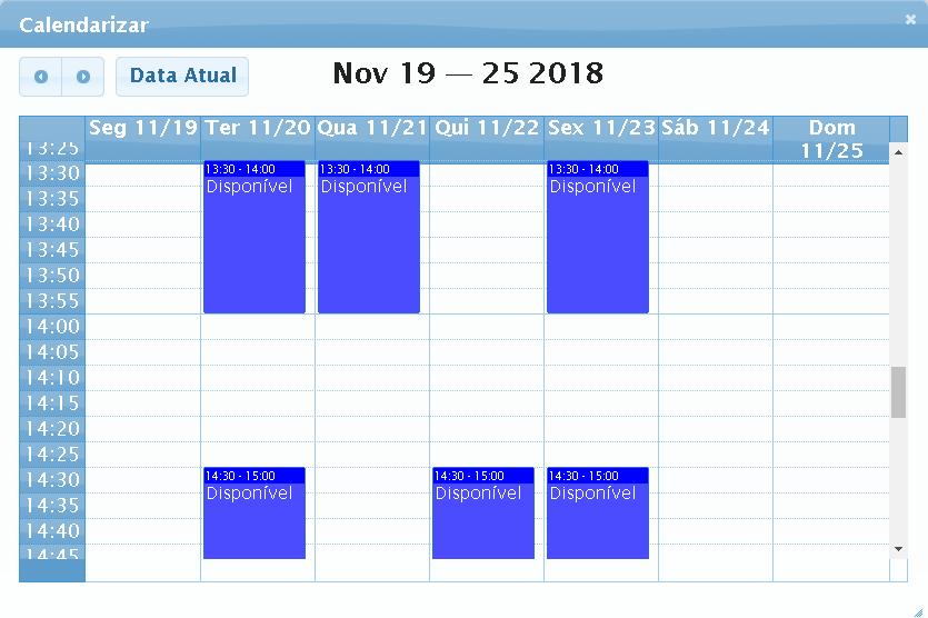 i) O calendário demonstrado indica os horários ainda vagos (a azul) para
