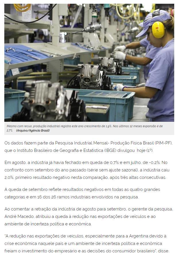 Título: Produção industrial cai pelo 3º mês, mas acumulado é positivo em 1,9% Veículo: Agência Brasil Data: 01.11.