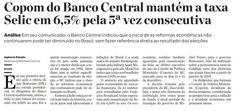 Título: Copom do Banco Central mantém a taxa Selic em 6,5% pela 5ª vez