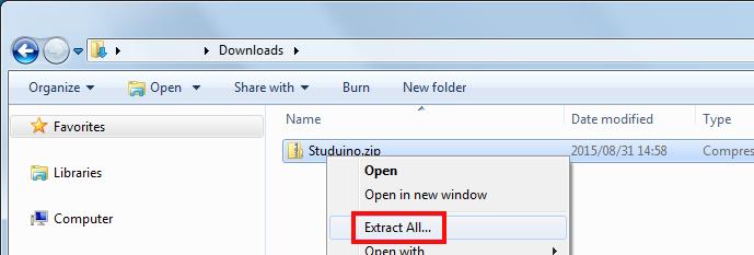 Clique com o botão direito no arquivo zip e selecione Extrair tudo... Clique com o botão direito em Extract All.