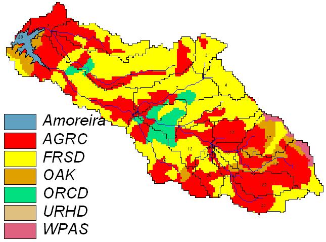 Tipo de coberto vegetal Área (ha) Área (%) Floresta de Folha Caduca (FRSD) 4704 45,8% Cultura anual de estação fria (AGRC) 4344 42,3% Carvalho (OAK) 601 5,9% Pomar (ORCD)