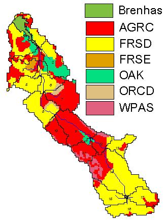 Tipo de coberto vegetal Área (ha) Área (%) Floresta de Folha Caduca (FRSD) 3119 48,9% Cultura anual de estação fria (AGRC) 2445 38,3% Carvalho (OAK) 412 6,5% Pasto de