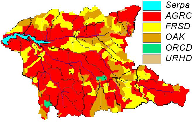 Tipo de coberto vegetal Área (ha) Área (%) Cultura anual de estação fria (AGRC) 7172 61,9% Floresta de Folha Caduca (FRSD) 2463 21,2% Carvalho (OAK) 1874