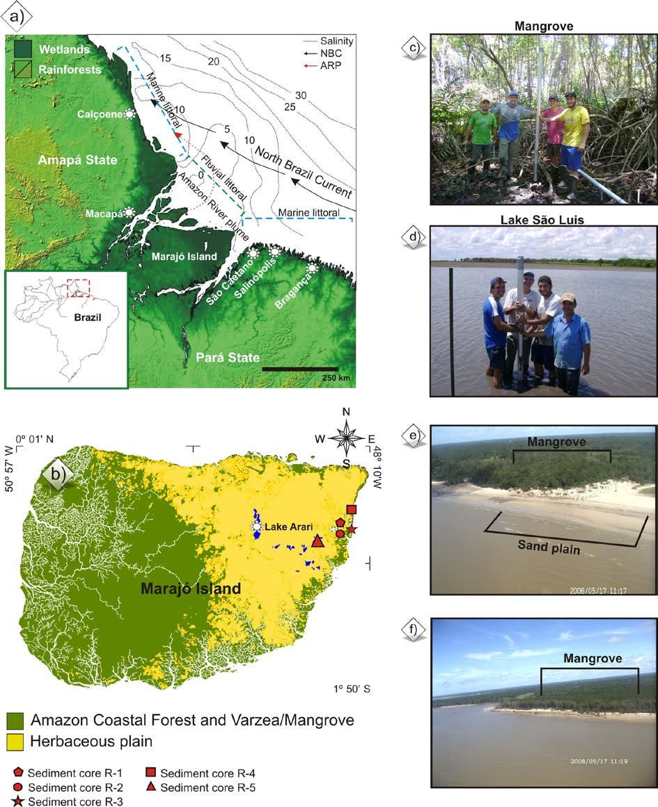 Figure 1 Location of the study area: a) Sea water salinity, Amazon River plume and North Brazil Current (Santos et al.