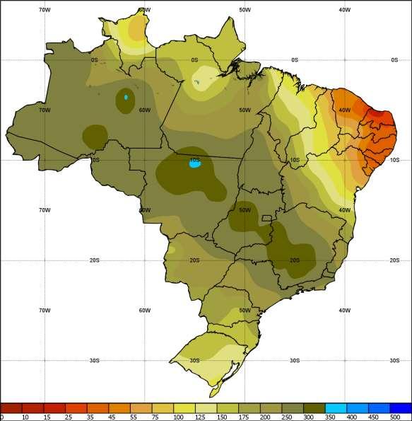 Figura 8 Média climatológica de chuva (1981-2010) para o mês de dezembro.