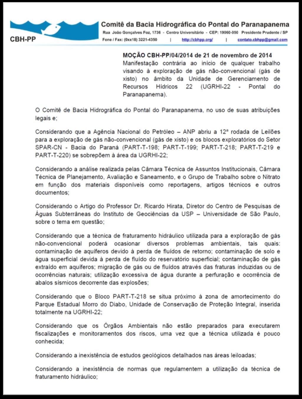 APÊNDICE C Moção CBH-PP / 04 / 2014, de 21 de novembro de 2014 Relatório de Situação