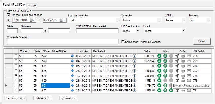 PAINEL NF-E - PRINCIPAIS RECURSOS Geração e Transmissão de NF-e em lote ou individual Cancelamento de