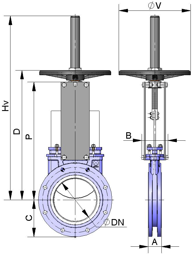 VOLANTE com fuso ascendente B = largura máx. da válvula (sem acionamento) P = altura máx. da válvula (sem acionamento) Opções: Bloqueadores Extensões: coluna, tubo, placas.