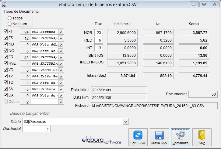 Ler o ficheiro CSV O botão Ler *.CSV permite-lhe indicar ao programa qual é o ficheiro a analisar. Com essa leitura vários campos serão preenchidos com o resultado do conteúdo do ficheiro.