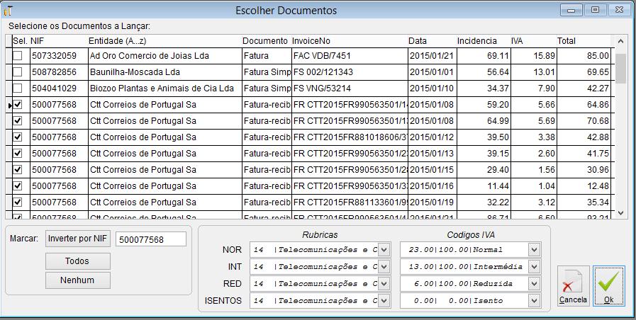 Escolher documentos a lançar e atribuir tipos de documentos Neste ecrã pode escolher os documentos que vai lançar e quais as rubricas e códigos de IVA que vai utilizar.