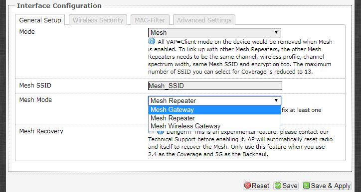 Na aba Interface Configuration > General Setup Você verá as seguintes opções: Mesh SSID: o SSID de Mesh padrão criado é "Mesh_SSID".