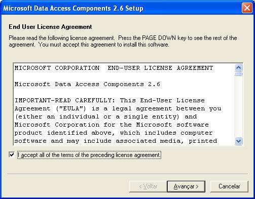 4.1.2. Instalação do mdac_typ 1. No CD de instalação localize a pasta dados. 2. Dentro desta pasta localize o arquivo mdac_typ.exe e execute-o. 3. Aceite a licença de uso.