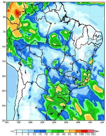 No início da próxima semana uma nova frente fria avança pela região Sul e pelo estado de São Paulo ocasionando chuva fraca nas bacias dos rios Jacuí, Uruguai, Iguaçu Paranapanema e no trecho