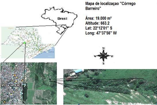 Fonte: Adaptado do Google Earth e Ministério do Transporte, 2010. Figura 1. Mapa de localização do trecho de estudo do reflorestamento ciliar Córrego do Barreiro Garça SP.