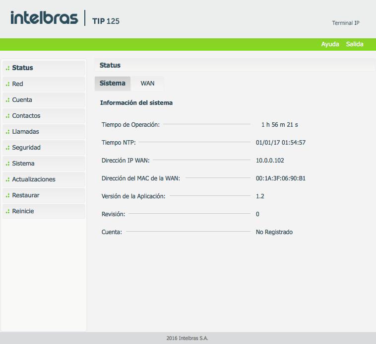 6.5. Estatus La página estatus se muestra después de que el TIP 125 la autentifique.