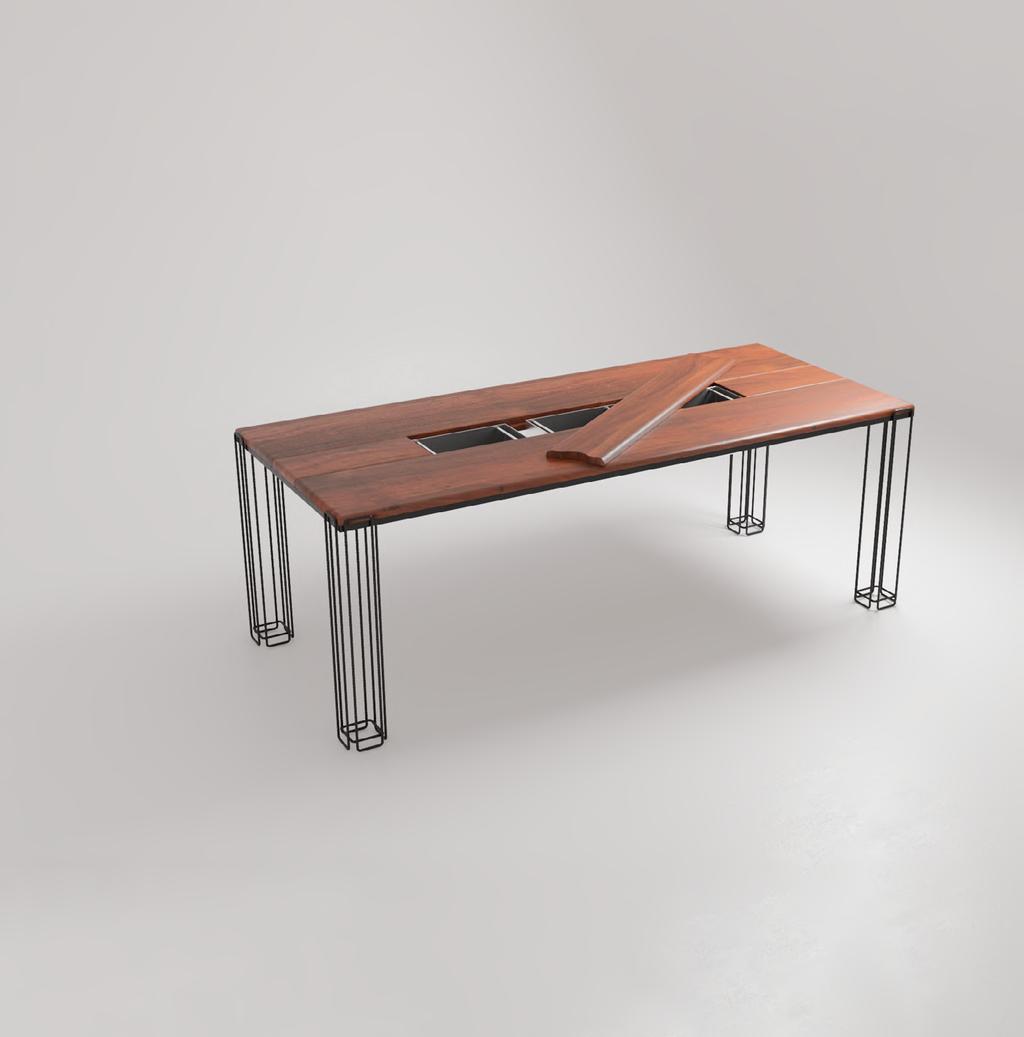 Ano 2018 Material vergalhão de aço e madeira maciça 92 160-210 75 MESA TETA A mesa Teta foi pensada para atender tanto a ambientes internos quanto externos, conciliando a solidez e a elegância do