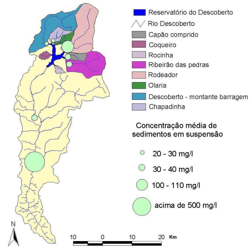 Figura 7.22 Localização das sub-bacias a montante do reservatório e a representação para a concentração média de sedimentos obtidas nas estações estudadas.