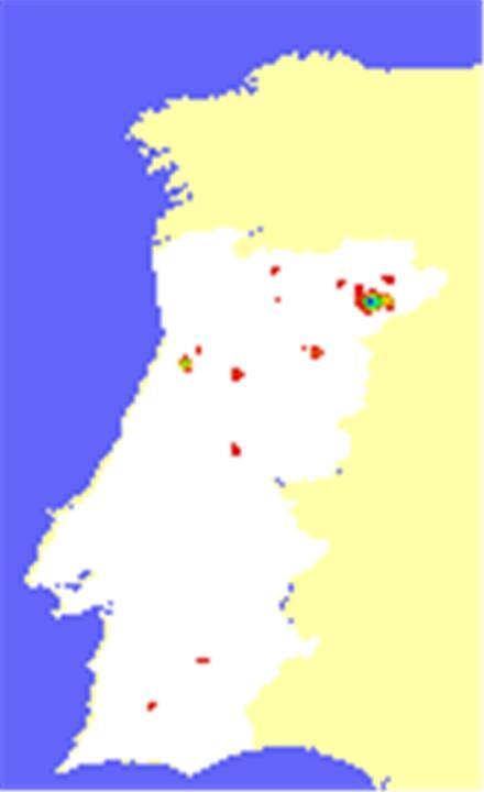 integrando as estimas para valores horários ou diários. De notar a concentração de incêndios no Distrito de Bragança onde ocorreram grandes incêndios (Figura 17).