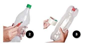 2) Separe as garrafas de duas em duas, encaixando como na Figura 3 a seguir, alternando um bico para cima, outro para baixo. Prenda com fita.