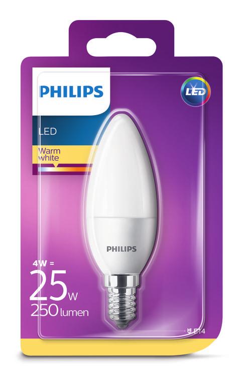 PHILIPS LED Vela 4 W (25 W) E14 Branca quente Intensidade não regulável Uma luz confortável para os seus olhos A luz de fraca qualidade pode causar fadiga ocular.