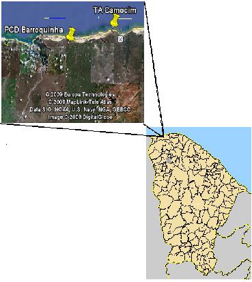 2 - METODOLOGIA E DADOS A localização geográfica da área em estudo, PCD em Barroquinha e Torre Anemométrica (TA) em Camocim, é mostrada na Figura 1 abaixo.