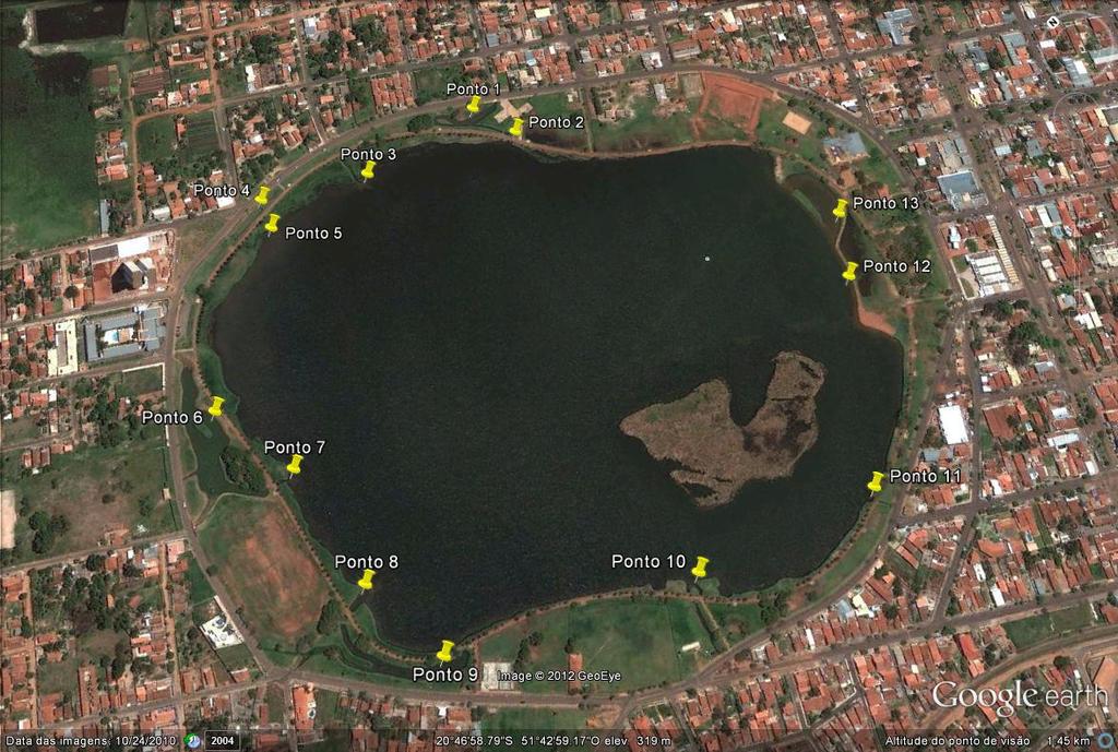 Figura 1 Vista área da Lagoa Maior e os pontos de monitoramento da qualidade das águas. Fonte GeoEye/Google Earth 2012.