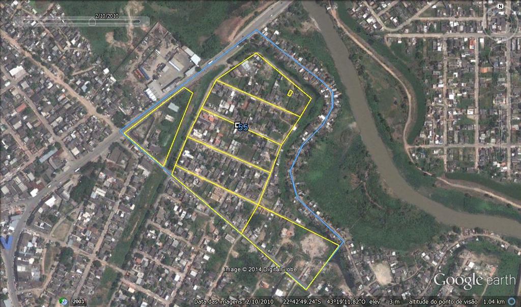 Figura 6.3 Exemplo de amostragem de casas por quarteirões nas células afetadas por alagamentos utilizando imagens de satélite do Google Earth.