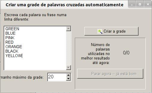 Uma janela será aberta e disponibilizará um espaço para digitar as palavras da cruzadinha, utilizando a tecla Enter para separar uma a uma, finalizando com botão Criar a