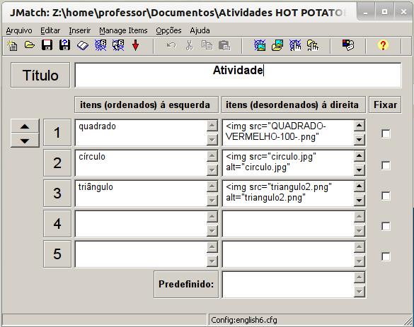 A coluna Itens (desordenados) à direita, deve ser preenchida com palavras, textos ou imagens relacionados à coluna da esquerda e que deverão ser arrastados associando-os à primeira coluna.