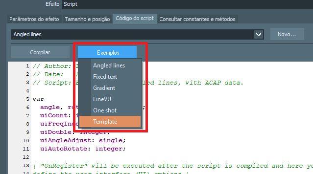 LUMI SCRIPT - EXEMPLOS Na janela de configuração das funções extras (se estiver selecionado a função Script ) e na janela de configuração dos scripts (se estiver selecionado o efeito Script ), você
