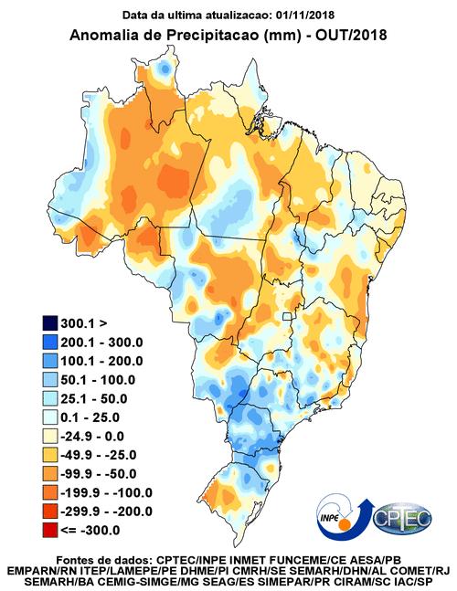 Início da 1 a safra 2018/2019 em Mato Grosso 2 A B Figura 2. Mapas de precipitação acumulada (A) e anomalia de precipitação acumulada (B) referentes ao mês de outubro de 2018.