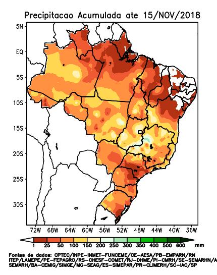 Fonte: CPTEC/INPE, INMET e Centros Estaduais de Meteorologia. No mês de setembro/2018 (Figura 1) as chuvas estiveram mais concentradas no oeste do estado de Mato Grosso.