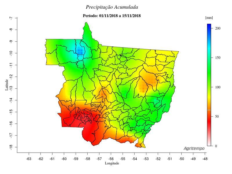Início da 1 a safra 2018/2019 em Mato Grosso 3 A chuva acumulada do dia 01/11/2018 ao dia 15/11/2018, de forma mais detalhada em relação aos municípios de Mato Grosso, segue apresentada na figura 4.