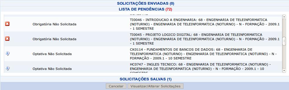 V) Apenas Coordenadores: Clicar em "Enviar Selecionadas", ao lado de "Visualizar/Alterar Solicitações". Essa opção não está disponível para secretários de curso.