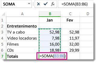 Página3 Quando você clica em AUTOSOMA, o Excel insere automaticamente uma fórmula (que usa a função SOMA) para somar os números. Veja um exemplo.