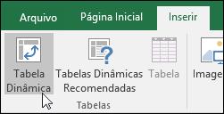 Página7 2. Vá para Inserir > Tabelas > Tabela Dinâmica. 3. O Excel exibirá o diálogo Criar Tabela Dinâmica com seu intervalo ou nome de tabela selecionado.