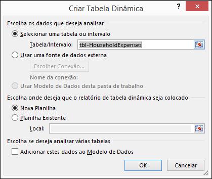 Na seção Escolha onde deseja que o relatório de Tabela Dinâmica seja colocado, selecione Nova Planilha, ou Planilha Existente.