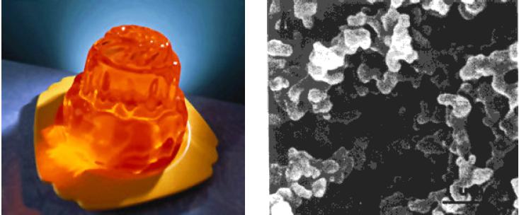 Queijo cheddar e na respectiva microfotografia da direita (escala: 1 <m) podemos ver os glóbulos de gordura (amarelo) num meio