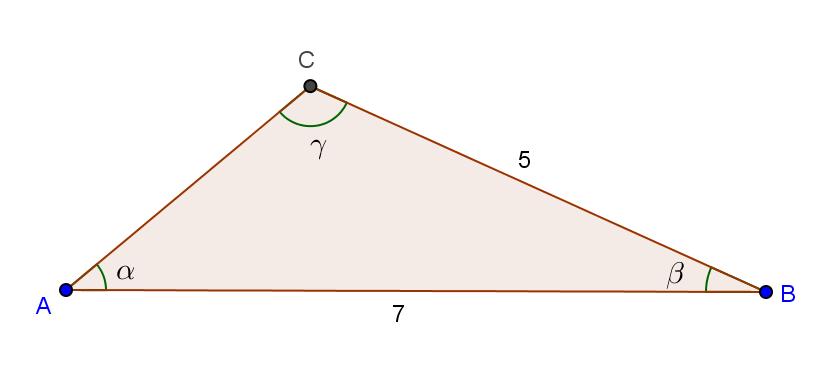 5 No triângulo [ABC] da figura seguinte os ângulos internos têm amplitudes e Conhecem-se também as medidas de dois lados: AB 7 e BC 5 (5) 5 Qual das igualdades seguintes é verdadeira?