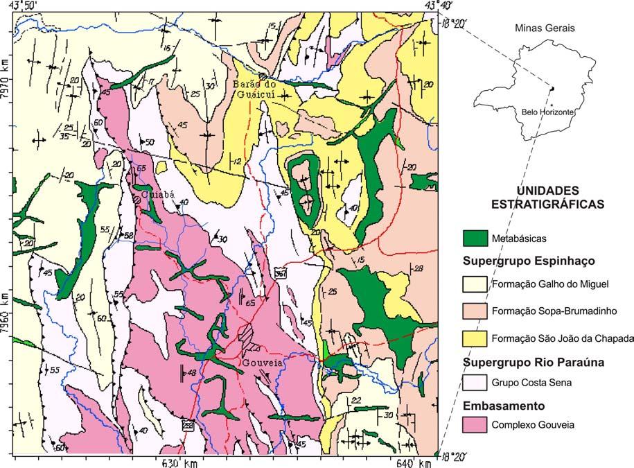 A Serra do Espinhaço Meridional é composta por três grandes conjuntos tectonoestratigráficos: o Complexo Basal e os Supergrupos Rio Paraúna e Espinhaço (Fig. 2.2) (Almeida-Abreu, 1995). Figura 2.