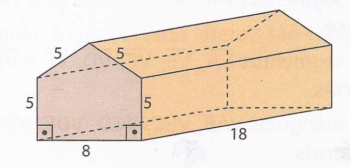 Determine a área total e o volume desse prisma, sabendo que a medida da sua altura é o dobro da medida da altura da base.