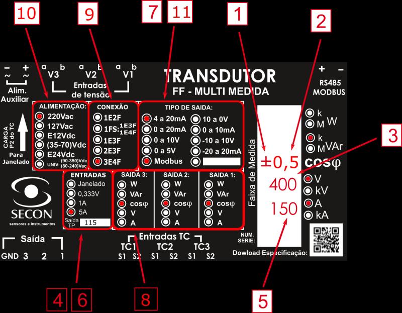 Linhas de Transdutores de Potência Ativa Utilizando o diagrama anterior, pode-se determinar o código dos produtos a partir da etiqueta fixada sobre o transdutor: 1 - Com a indicação ± o transdutor